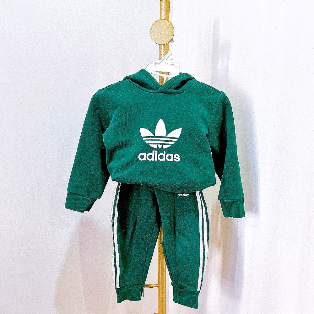 Adidas original kids green crew hoodie matching set